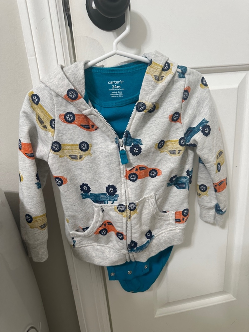 Carter's Gray Hooded Zip-Up and pants matching set Car Print